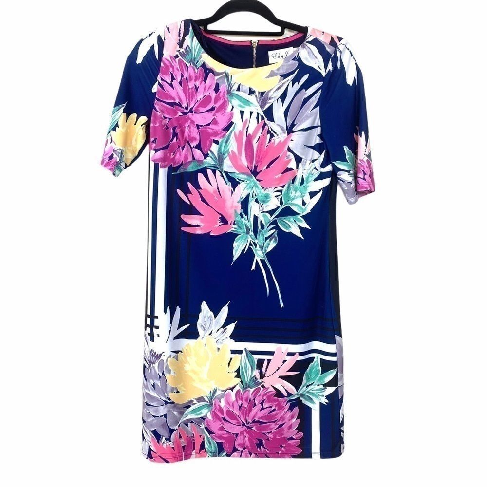 Eliza J Short Sleeve Navy Floral Exposed Zip Dress